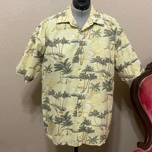 Vtg Hawaiian Pierre Cardin Cotton Button Down Shirt Yellow Palm Trees Large